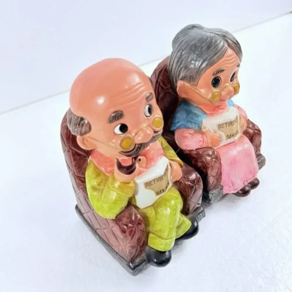 Vintage Japanese Elderly Couple Retirement Savings Piggy Banks Grandma & Grandpa